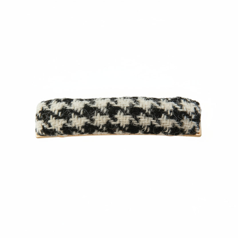 Black and white dogtooth Harris Tweed barrette clip on white background
