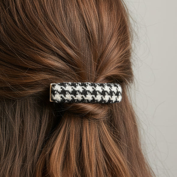 Harris Tweed black and white dogtooth barrette worn in brown hair