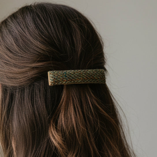 Harris Tweed chestnut herringbone barrette hair clip worn in brown hair