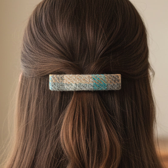 Harris Tweed beige and teal tartan barrette clip worn in brown hair