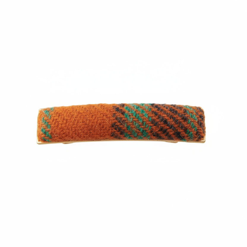 Orange-teal tartan Harris Tweed barrette clip on white background