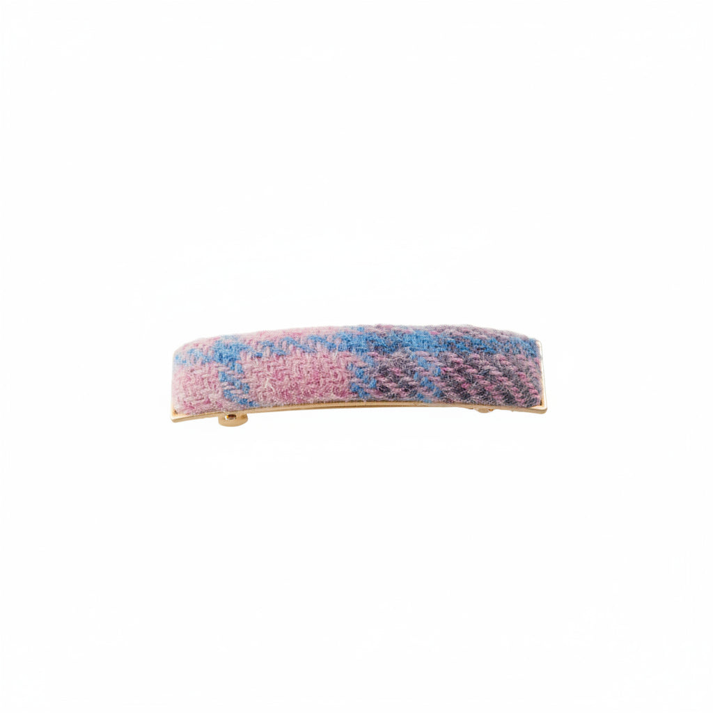Pink-blue tartan Harris Tweed barrette clip on white background