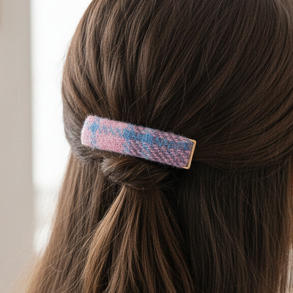 Harris Tweed pink and blue tartan barrette clip worn in brown hair