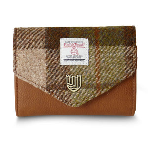 Islander Chestnut Tartan Harris Tweed purse with brown leather base and classic check tweed flap, displayed front-facing against a white background.