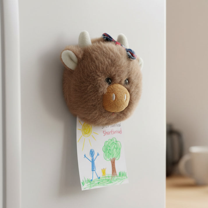 Daisie Highland cow magnet on fridge holding a child's colourful drawing