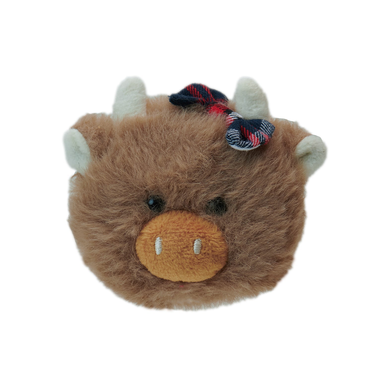 Daisie Highland cow magnet front view with tartan hair bow on white background