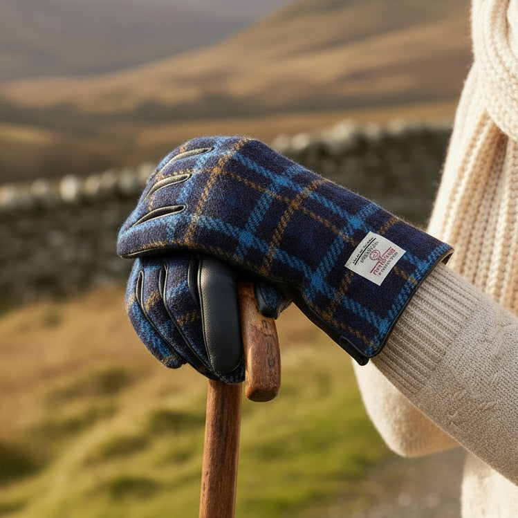 Navy tartan Harris Tweed glove gripping walking stick on Scottish hillside