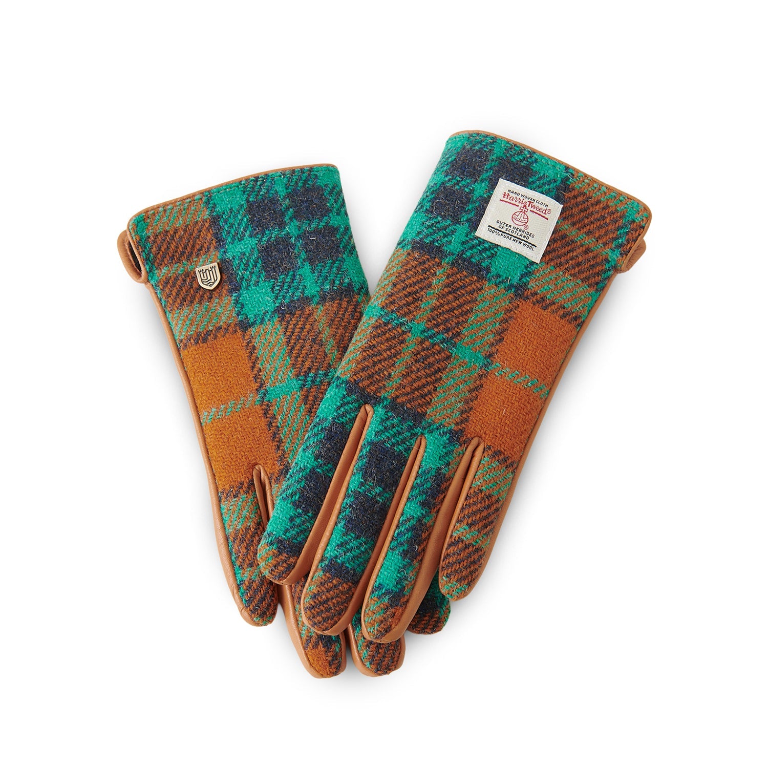 Harris Tweed ladies gloves in orange-blue tartan front view on white background