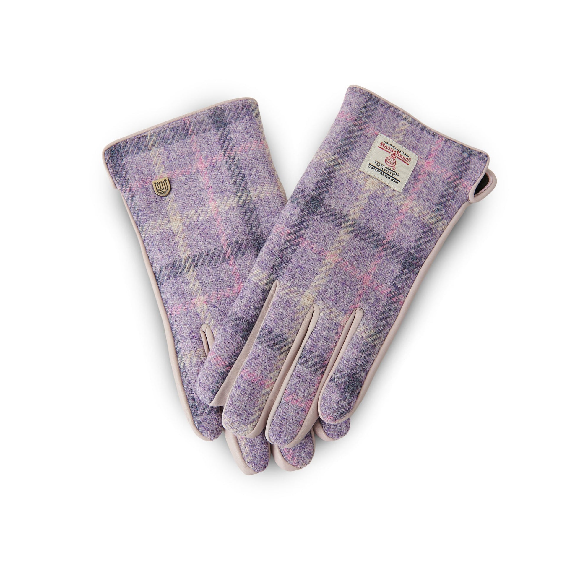 Harris Tweed ladies gloves in purple tartan front view on white background