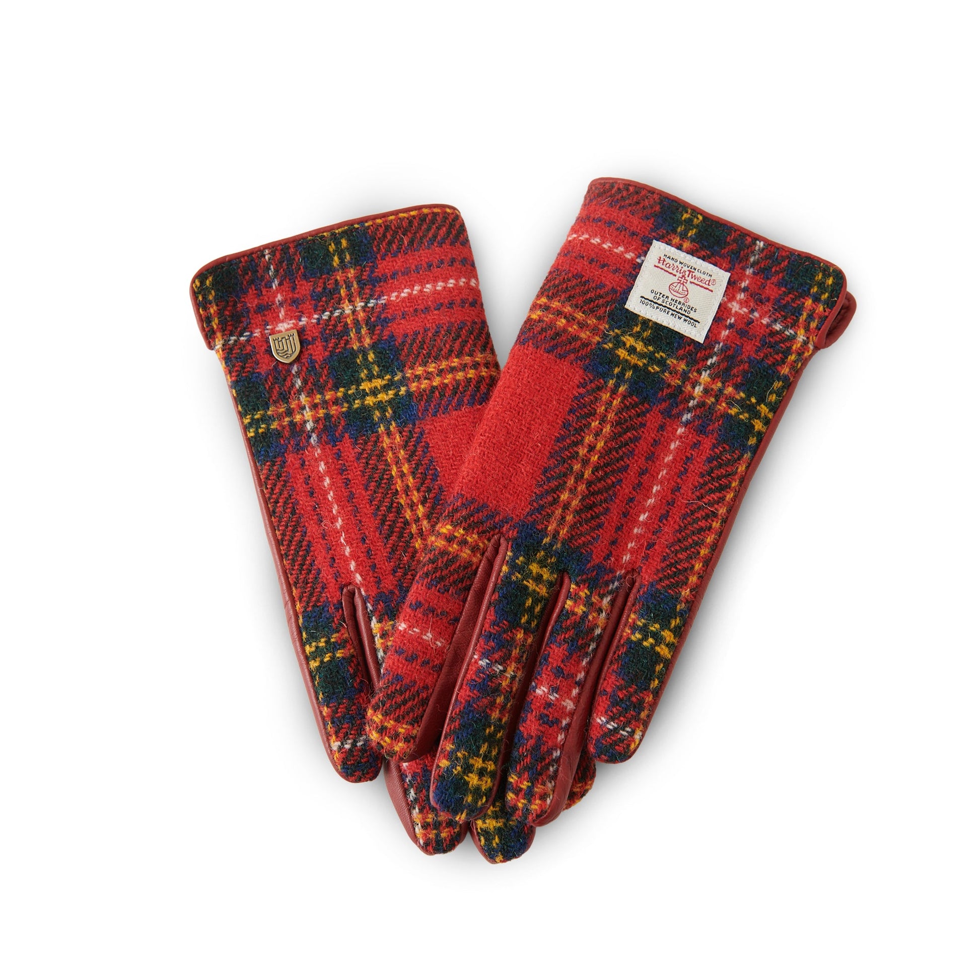 Harris Tweed ladies gloves in Royal Stewart tartan on white background
