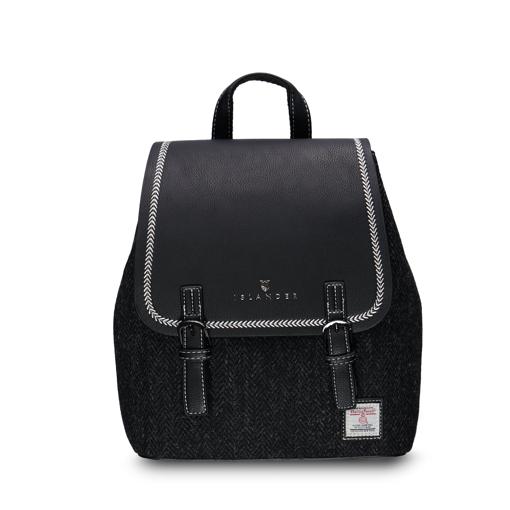 Islander Jura backpack black herringbone Harris Tweed front view on white background
