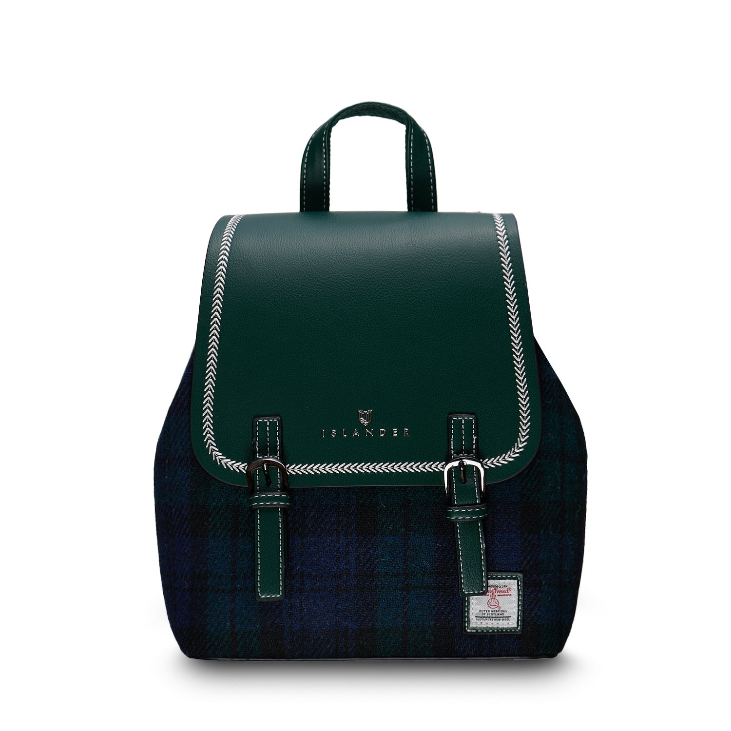 Islander Jura backpack Black Watch green Harris Tweed front view on white background