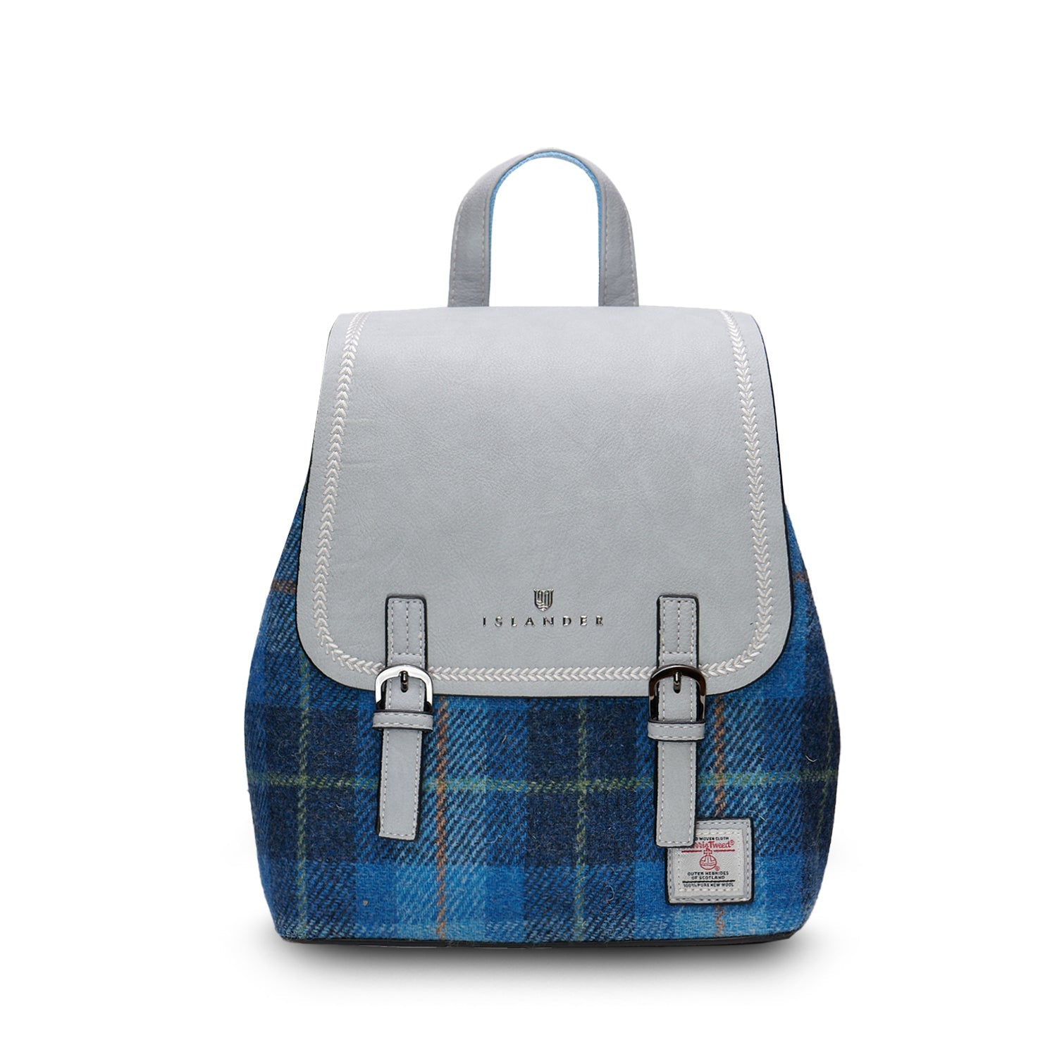 Islander Jura backpack blue tartan Harris Tweed front view on white background
