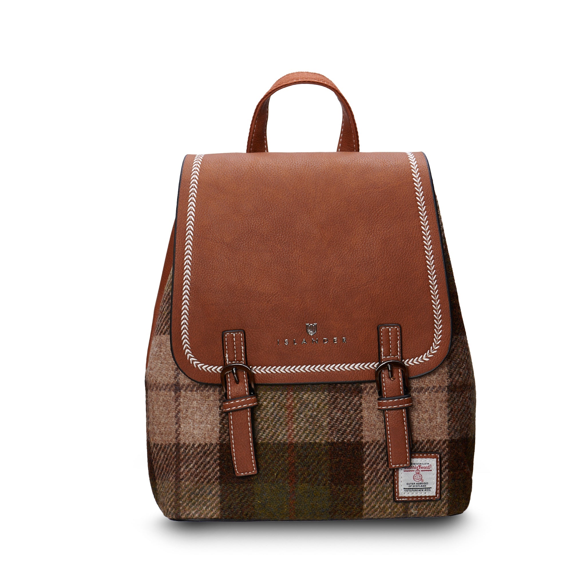 Islander Jura backpack chestnut tartan Harris Tweed front view on white background