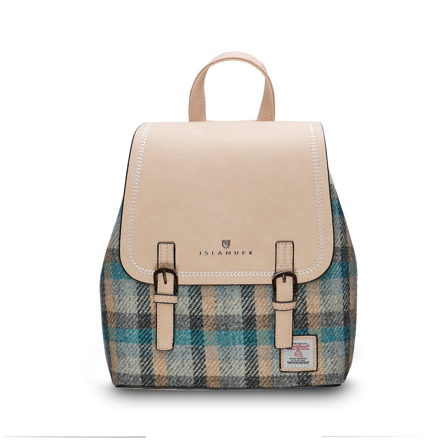 Islander Jura backpack Islander tartan Harris Tweed front view on white background