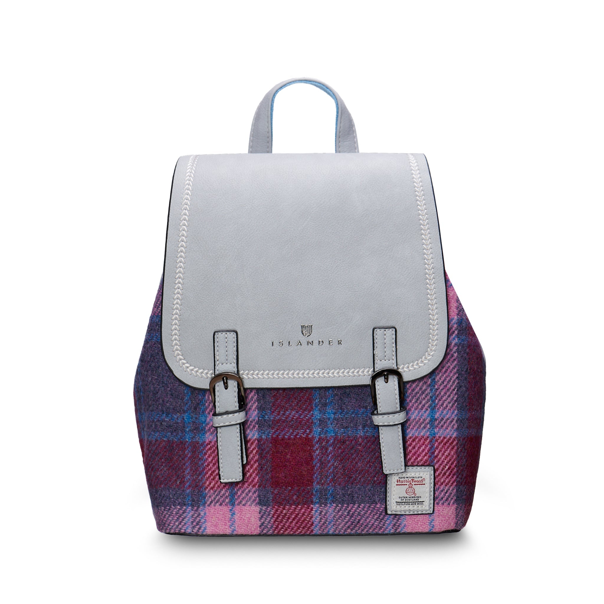 Islander Jura backpack pink and blue tartan Harris Tweed front view on white background