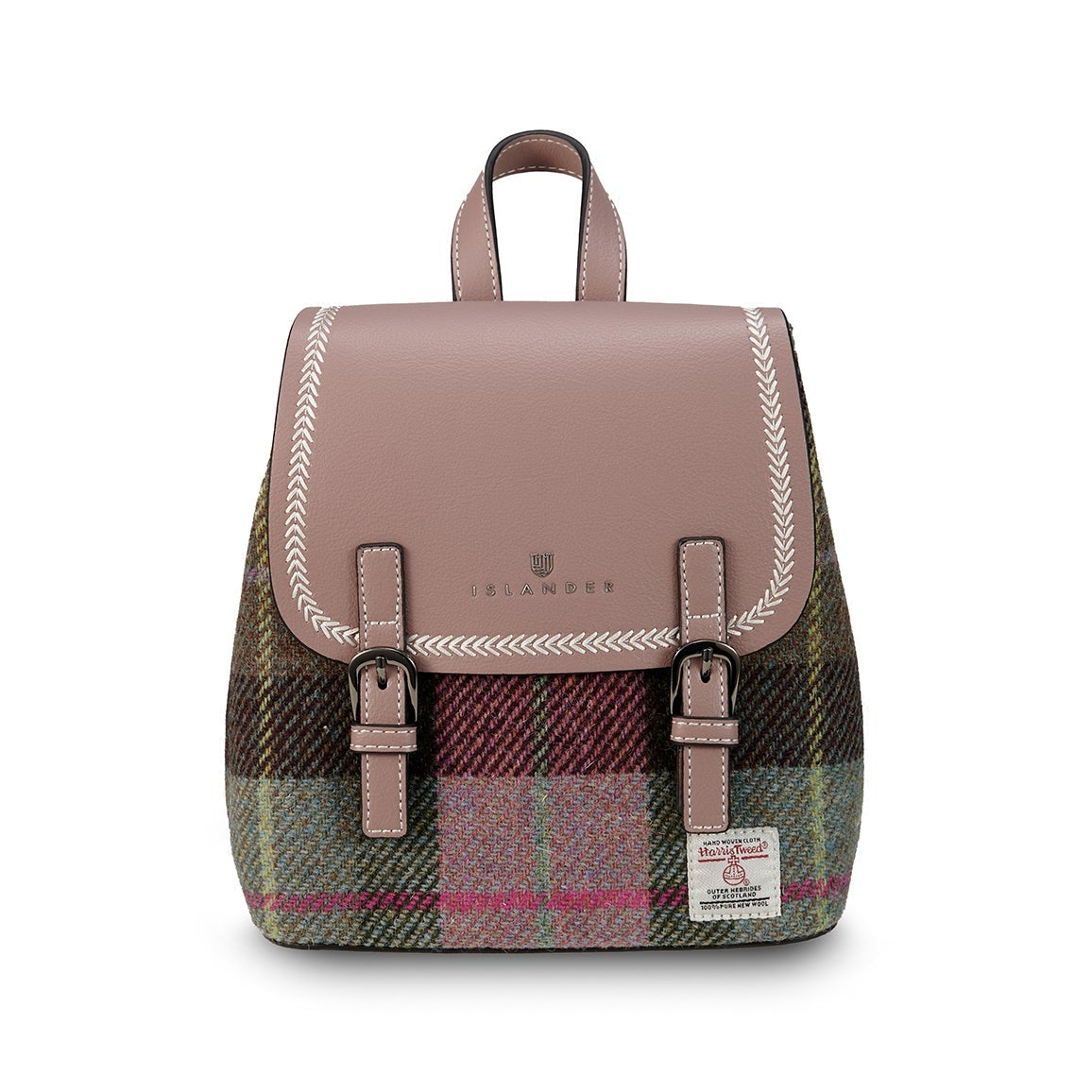 Islander Jura backpack pink-green tartan Harris Tweed front view on white background
