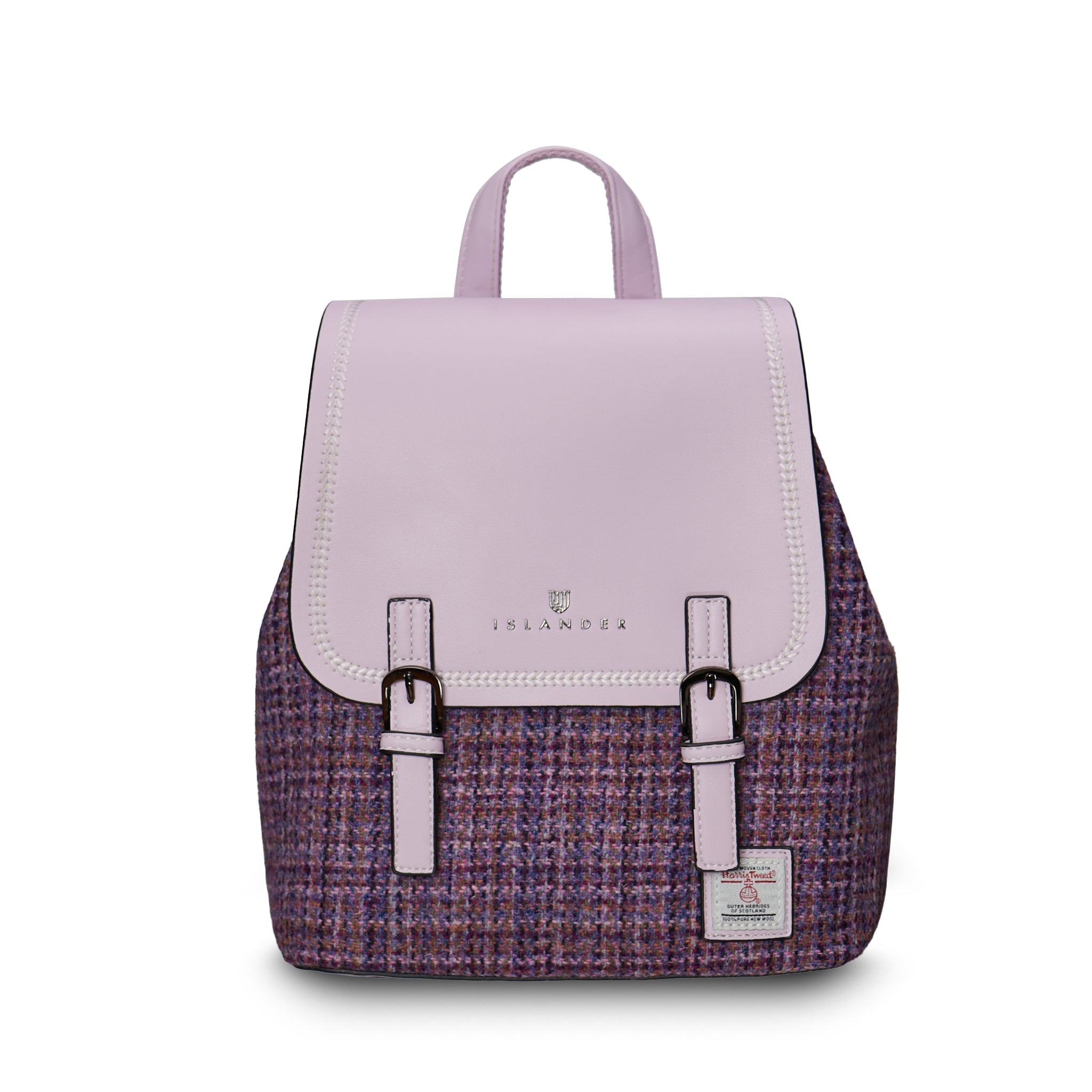 Islander Jura backpack violet mini dogtooth Harris Tweed front view on white background