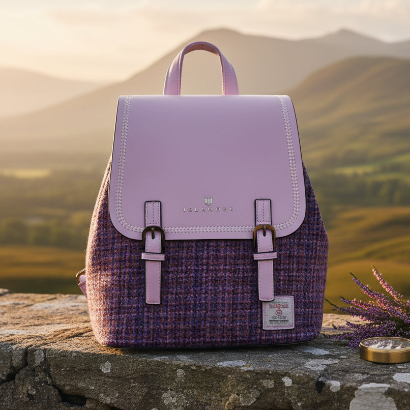 Harris Tweed violet dogtooth backpack on stone wall with golden highland light