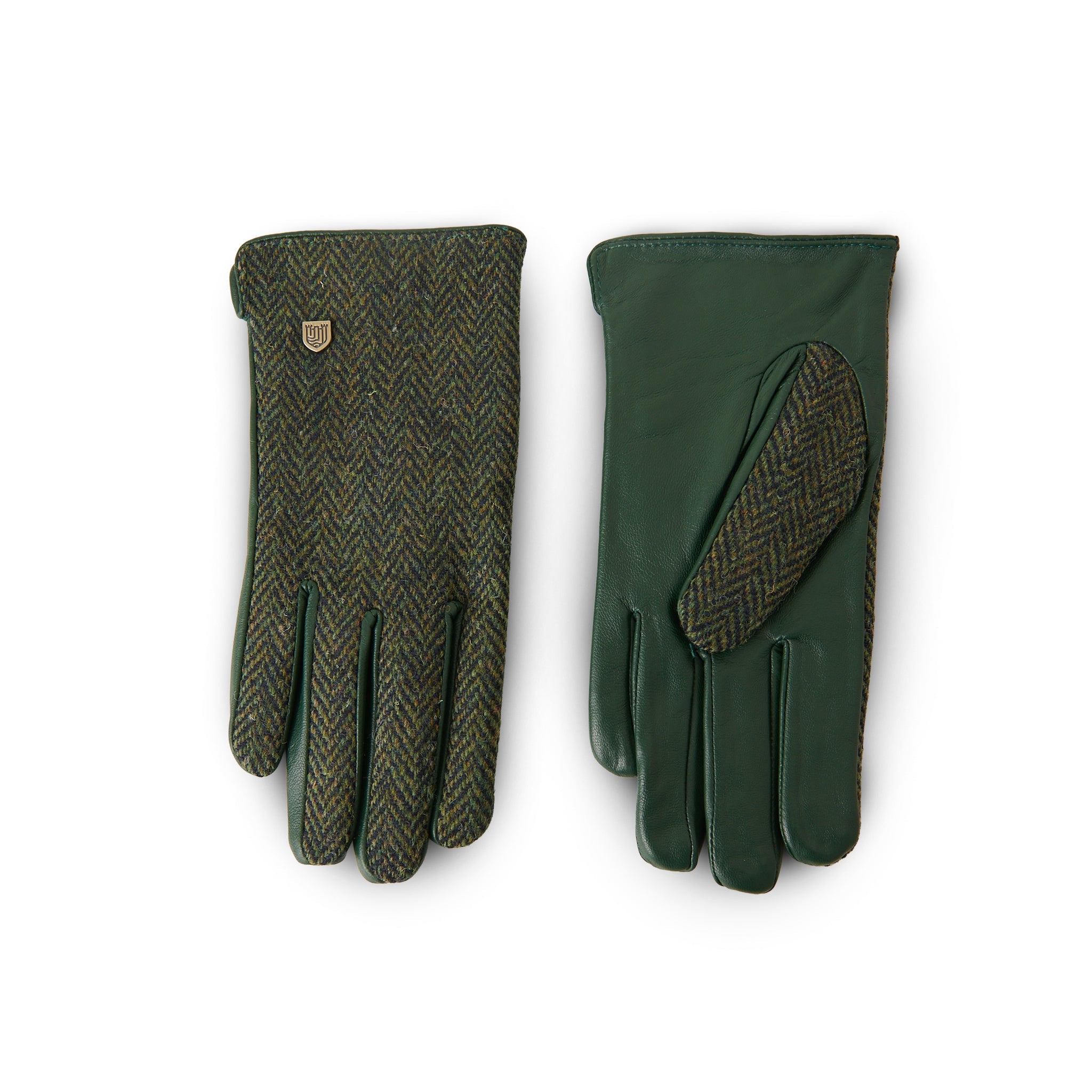 Dark green herringbone Harris Tweed gloves pair on white background