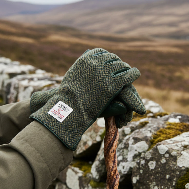 Dark green herringbone Harris Tweed glove gripping walking stick on Scottish hillside