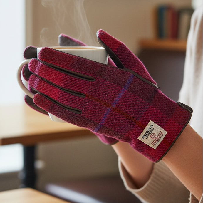 Fuchsia tartan Harris Tweed gloves worn holding steaming cup in cosy indoor setting