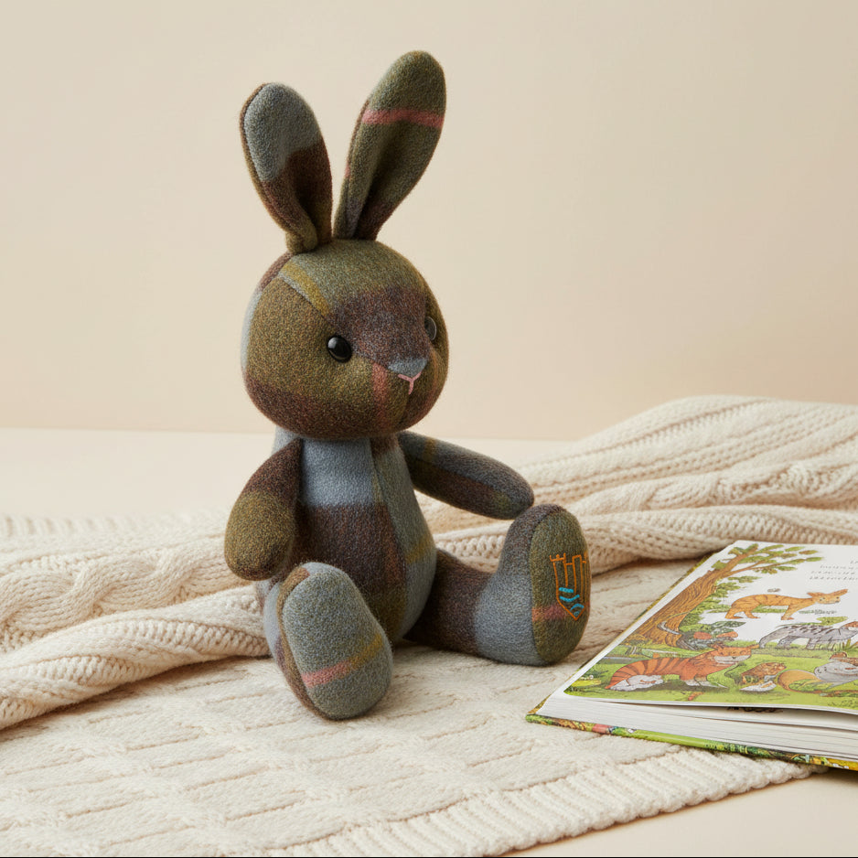 Lambswool bunny in chestnut and blue tartan on cream knitted blanket.