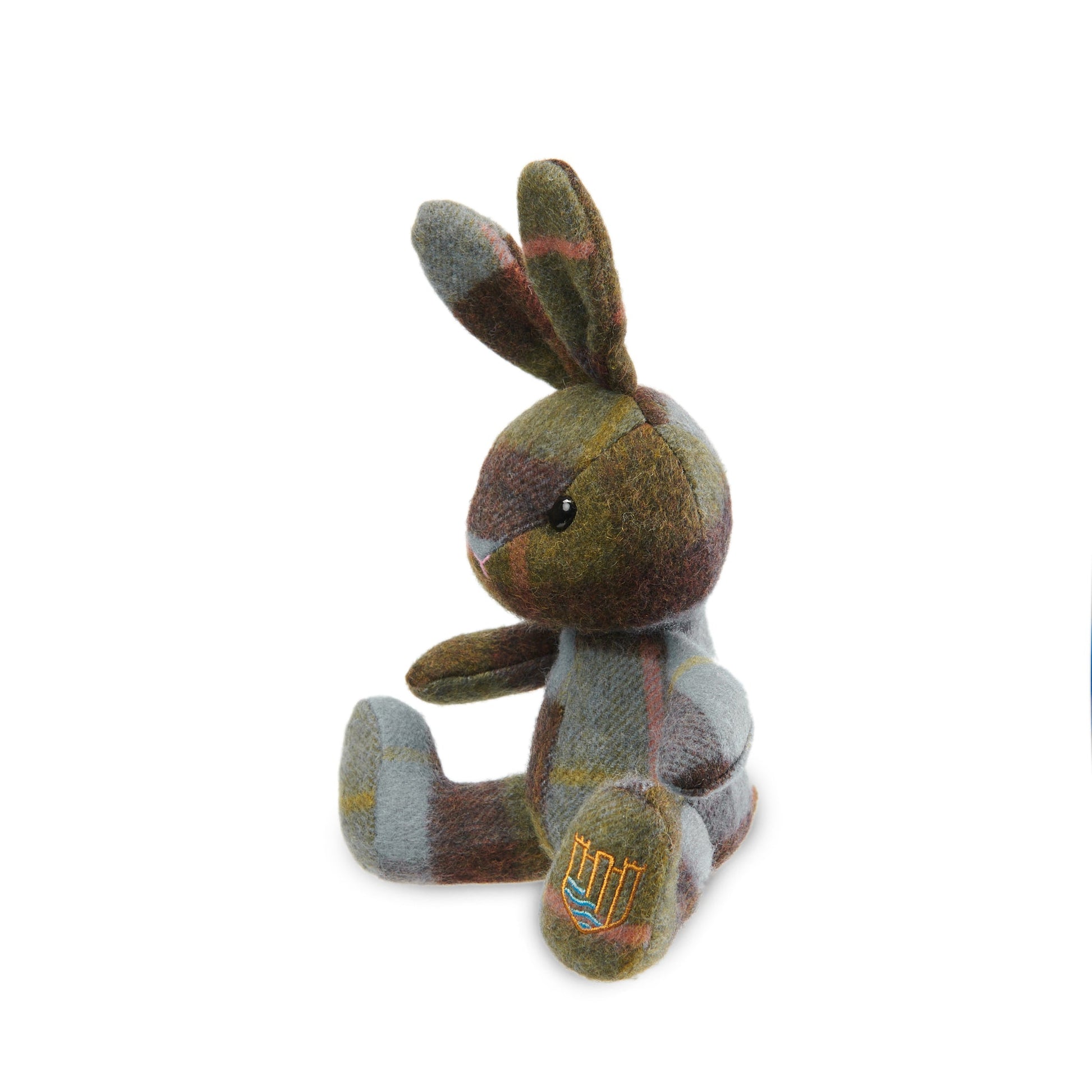 Lambswool bunny chestnut and blue tartan side view on white background.