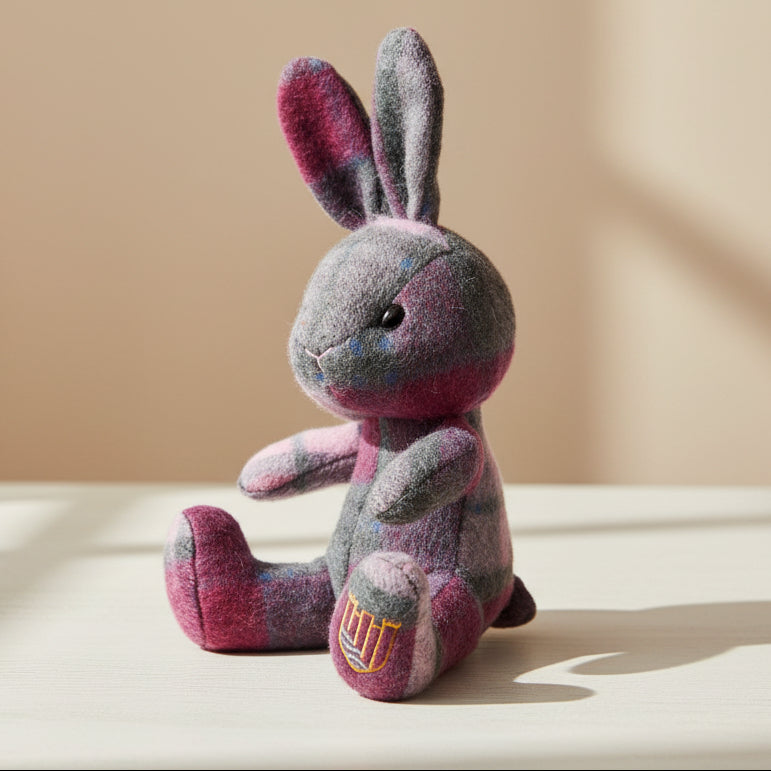 Lambswool bunny in pink and blue tartan styled on beige background.