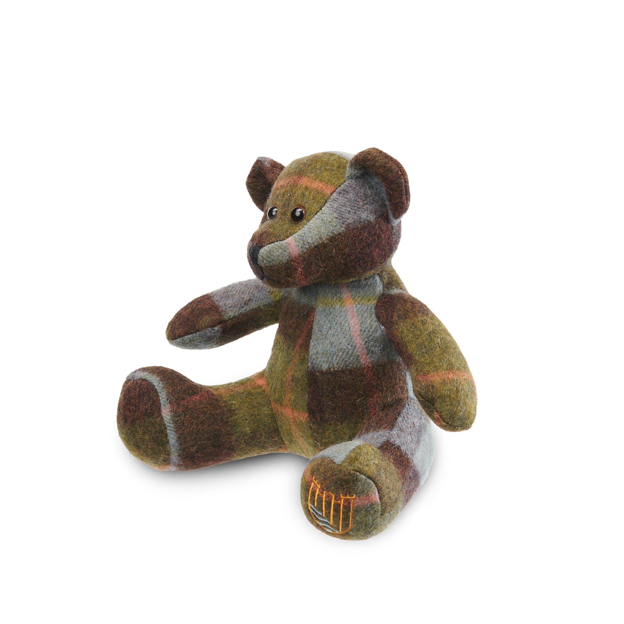 Lambswool teddy chestnut and blue tartan angled view on white background.