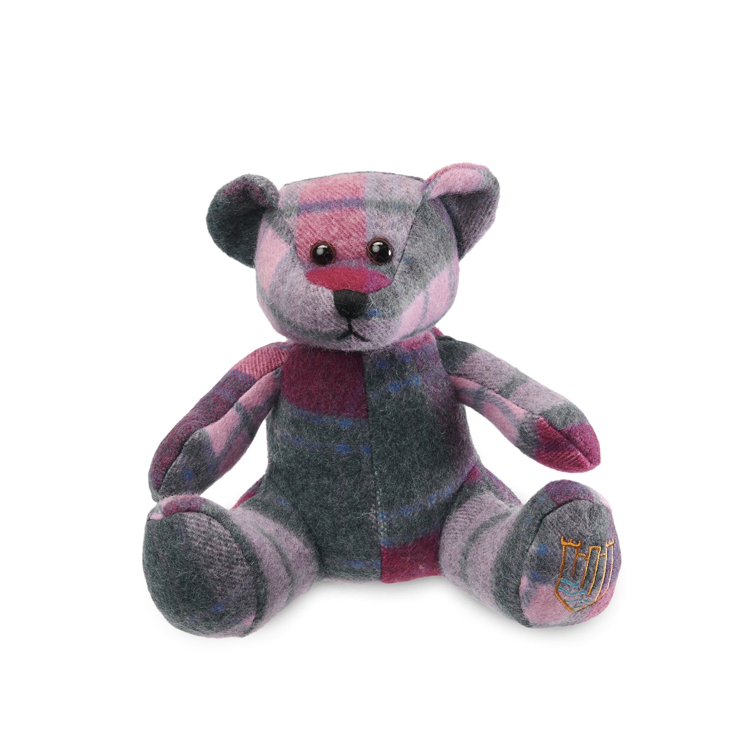 Lambswool teddy pink and blue tartan front view on white background.