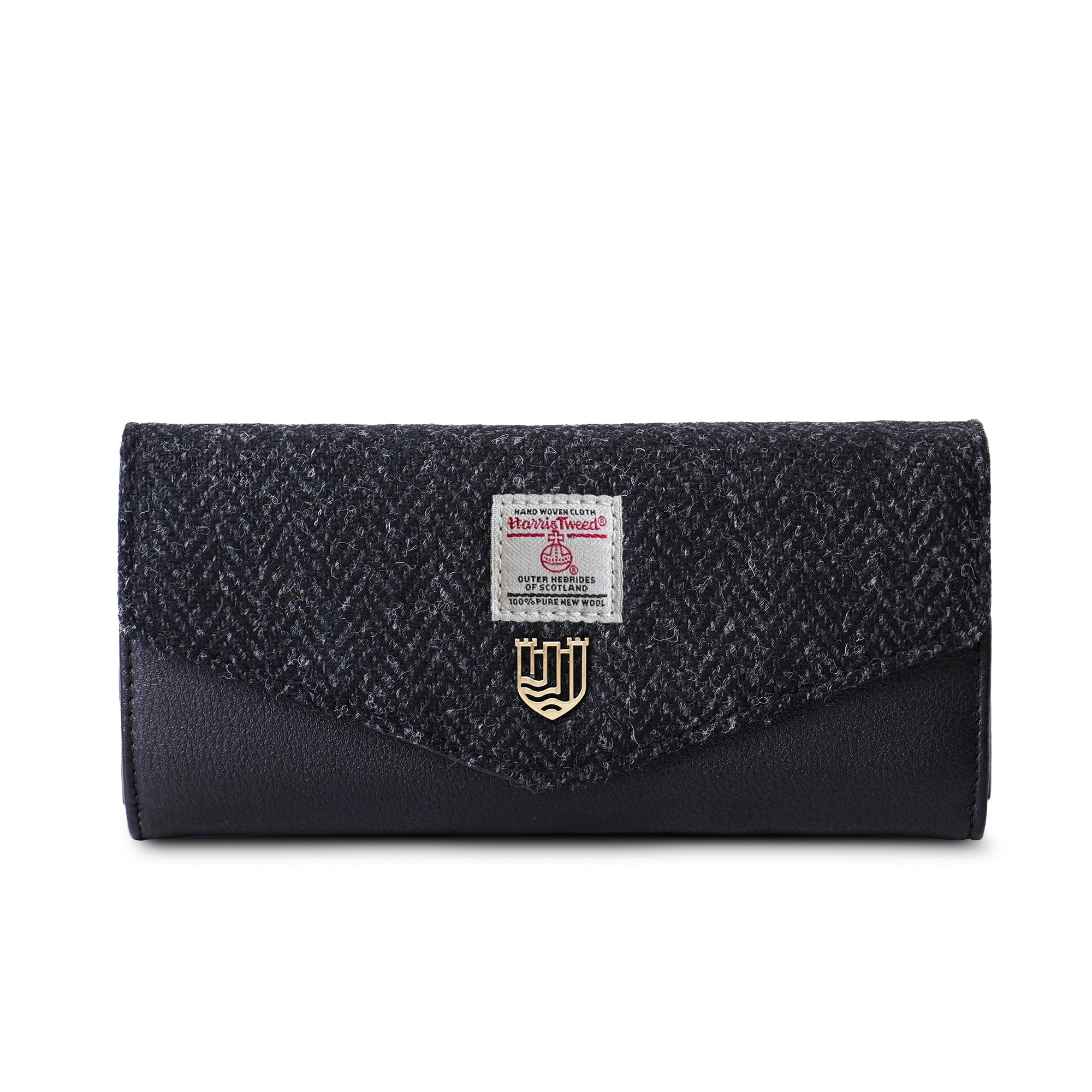 Black herringbone Harris Tweed clasp purse front view on white background