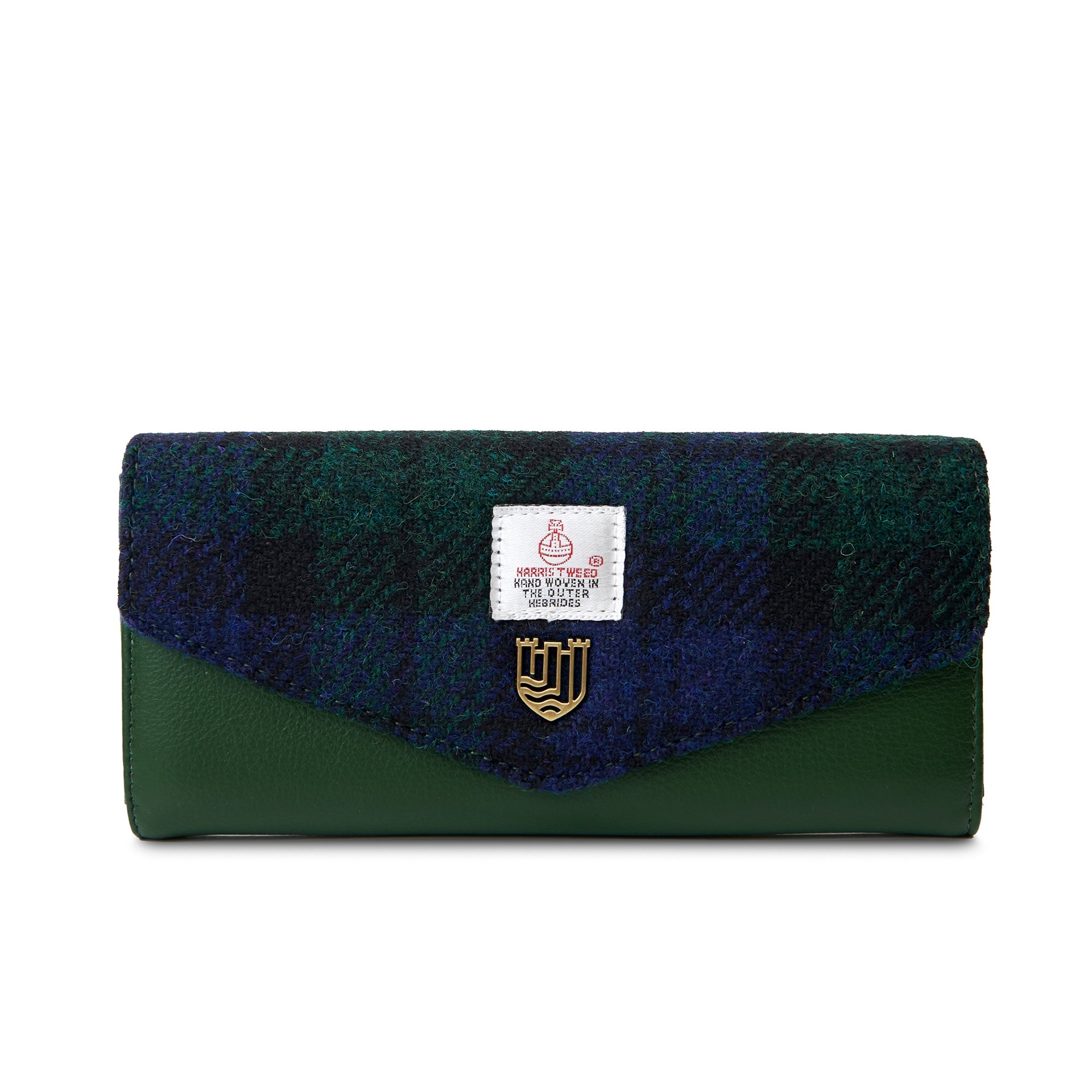 Harris Tweed purse in navy and green Black Watch tartan on white background
