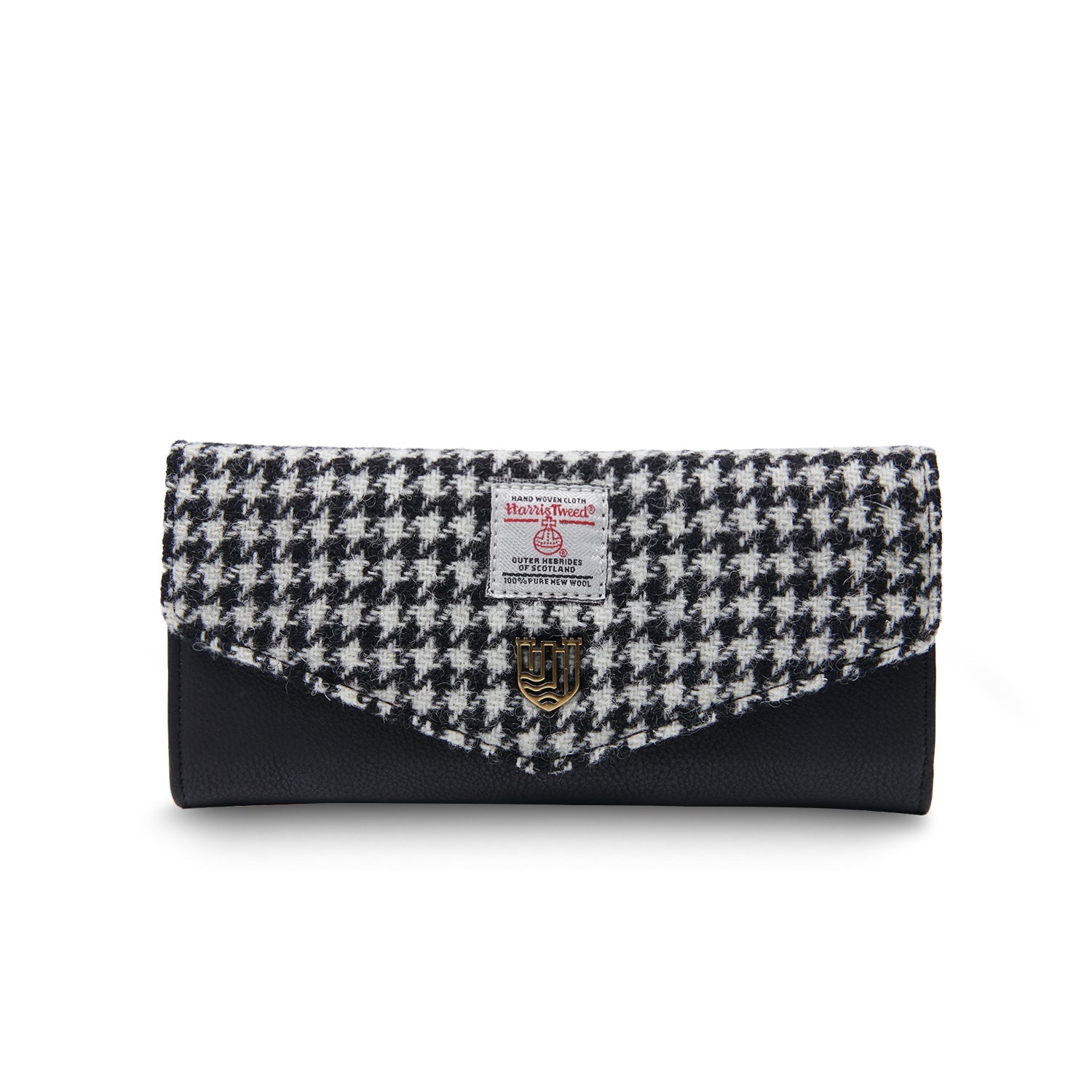 Harris Tweed dogtooth purse in black and white on white background