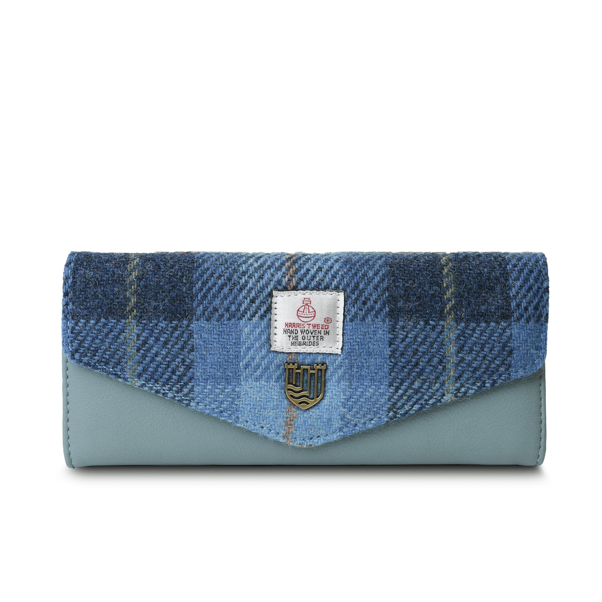 Harris Tweed clasp purse in blue tartan front view on white background
