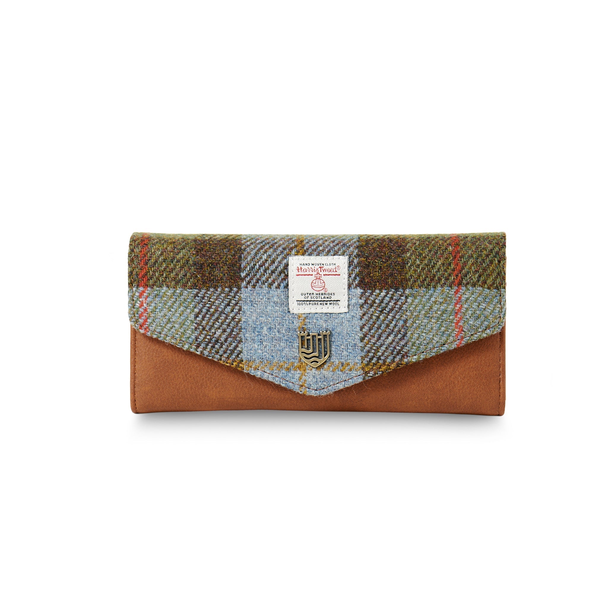 Harris Tweed purse in chestnut and blue tartan front view on white background