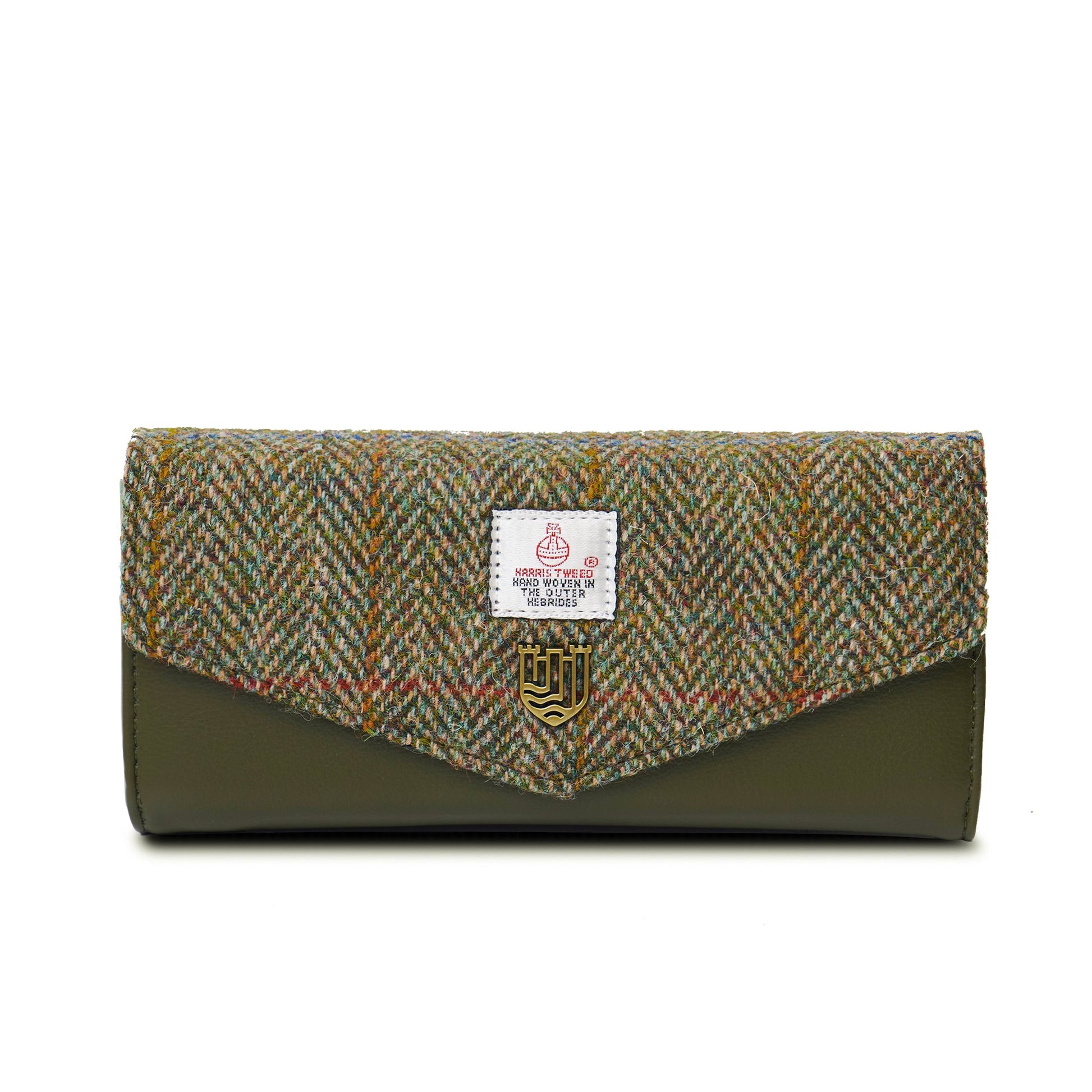 Harris Tweed purse in chestnut herringbone front view on white background