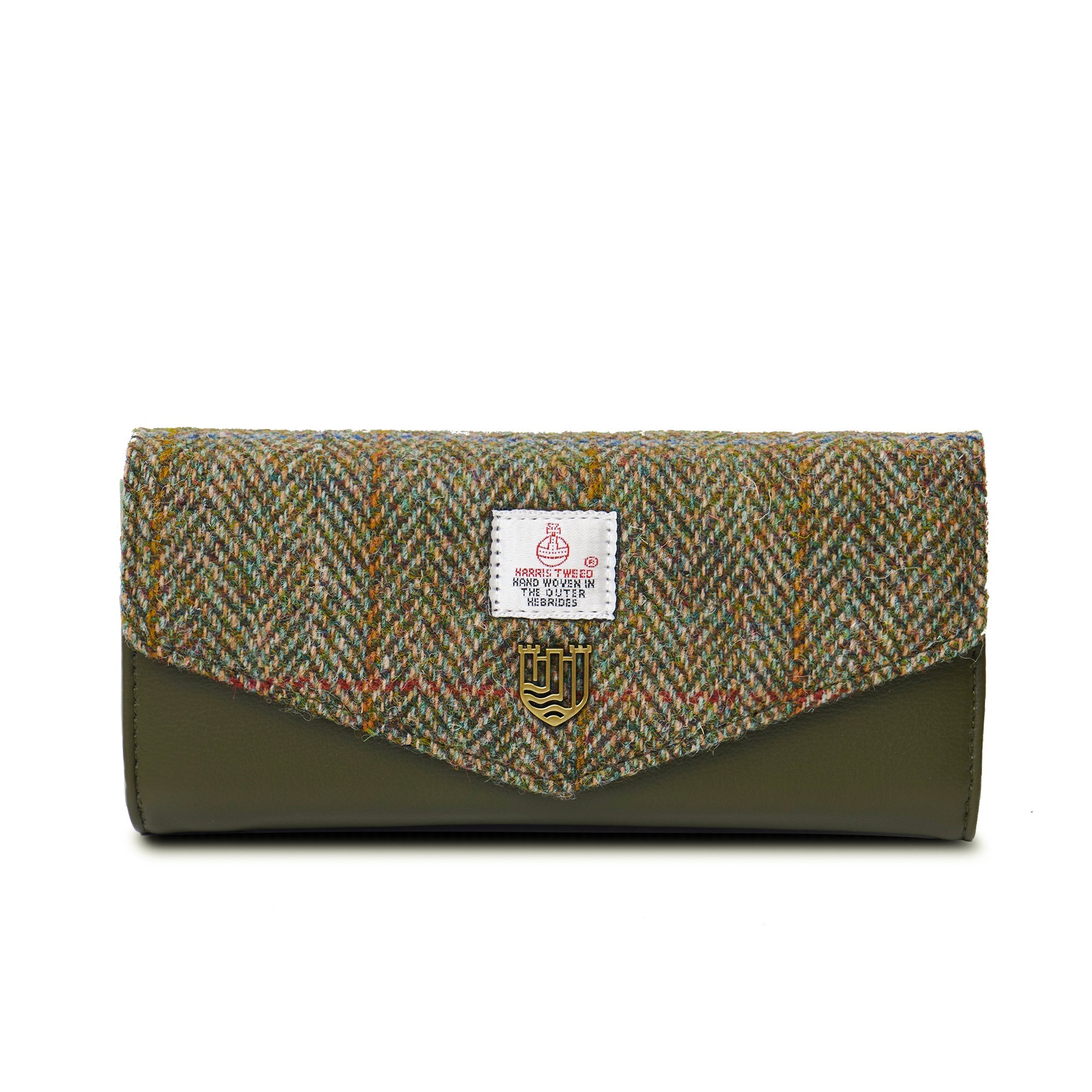 Harris Tweed purse in chestnut herringbone front view on white background