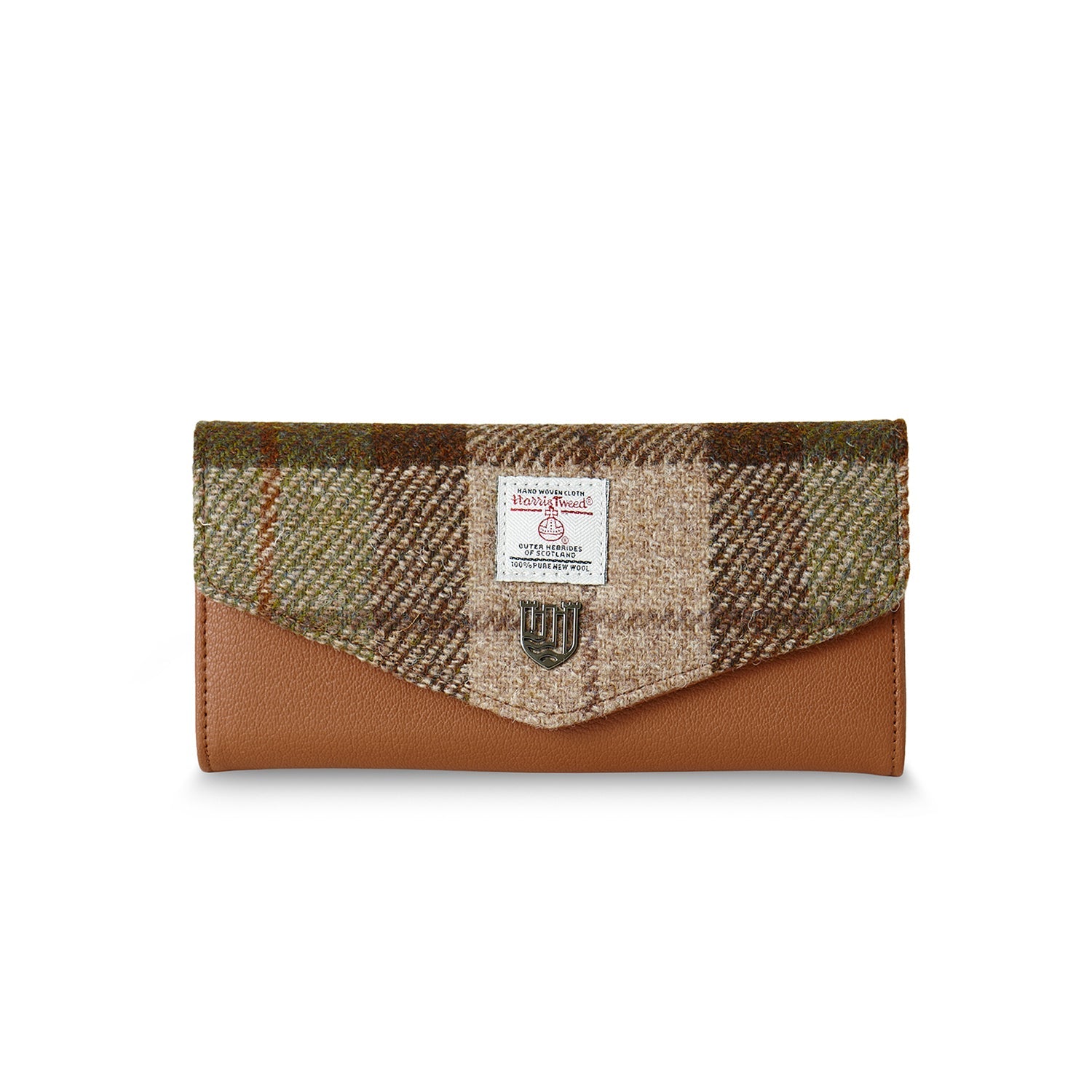 Harris Tweed clasp purse in chestnut tartan front view on white background