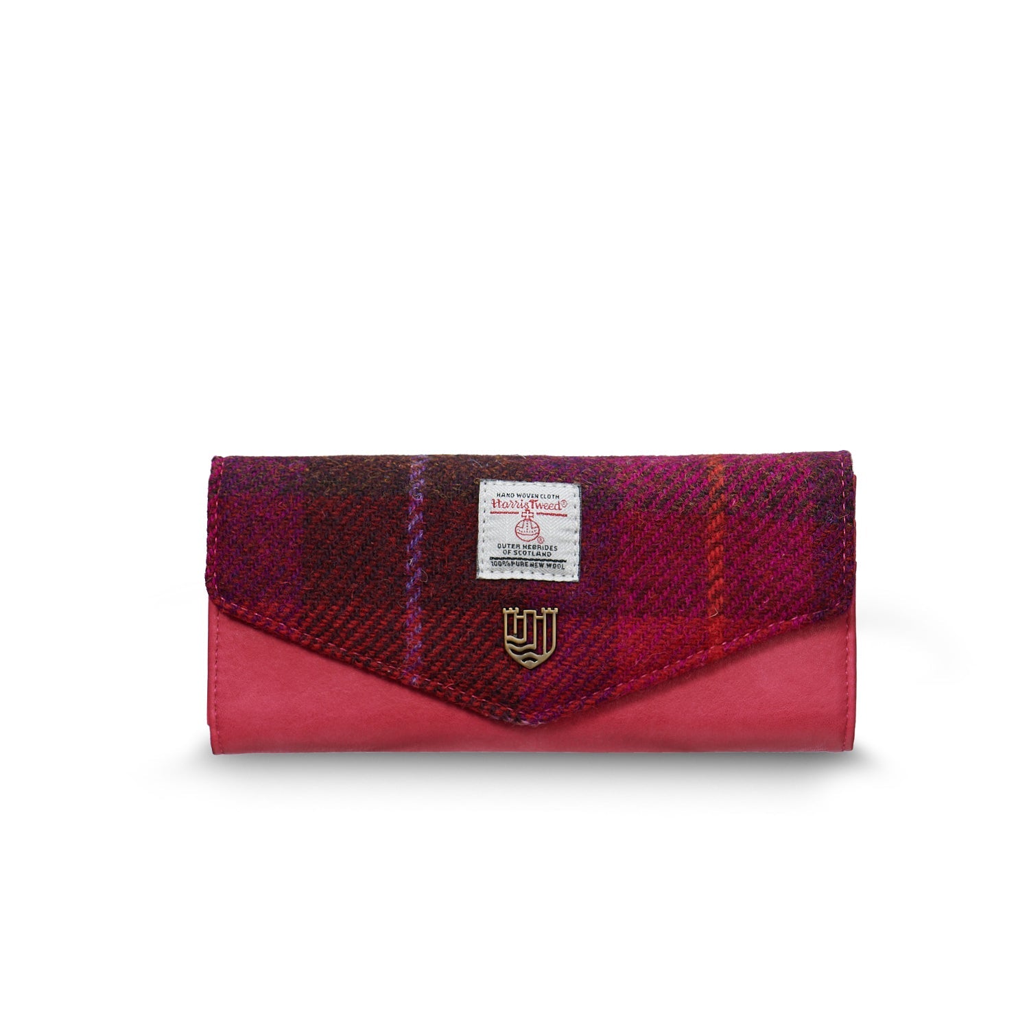 Harris Tweed clasp purse in fuchsia tartan front view on white background