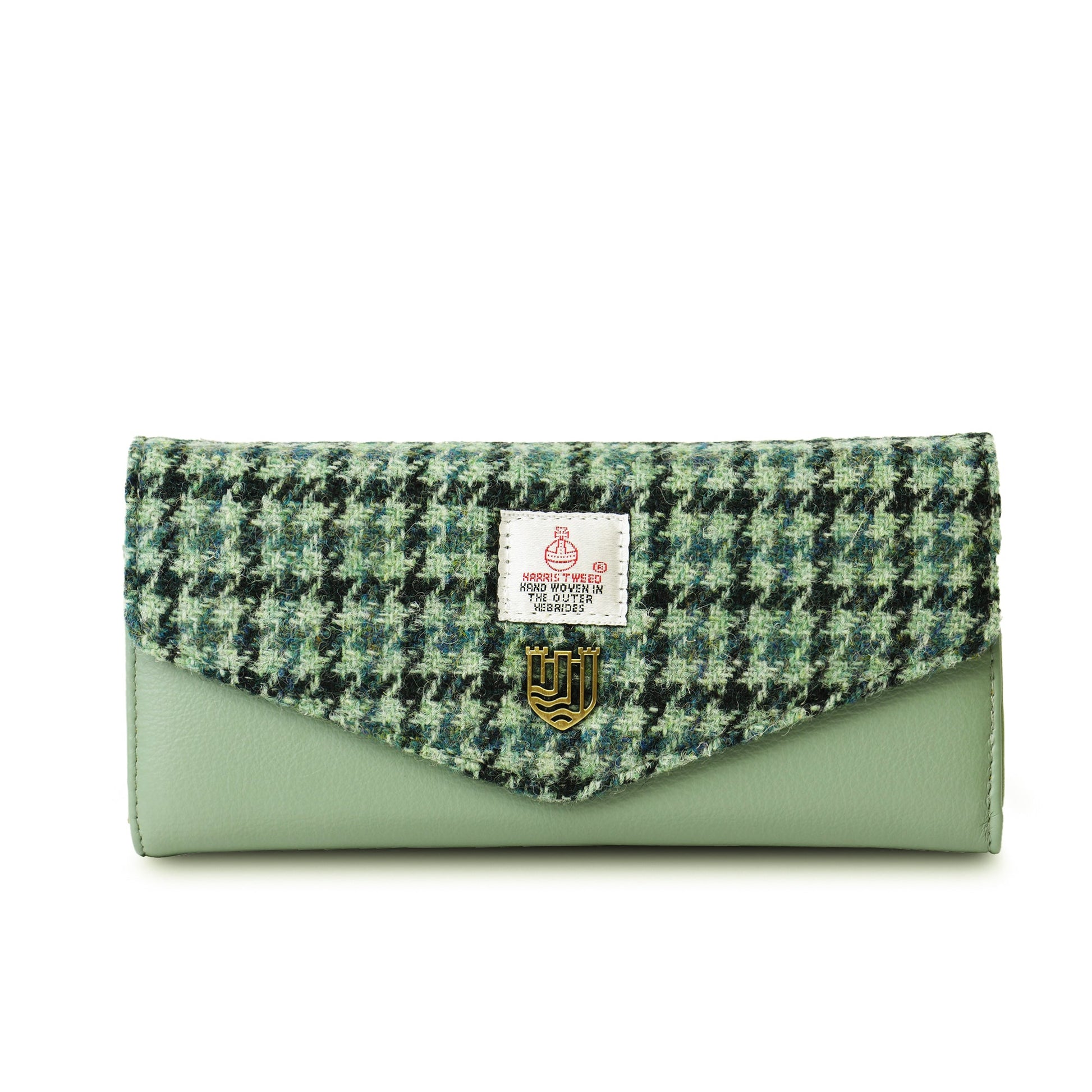 Harris Tweed green dogtooth clasp purse front view on white background