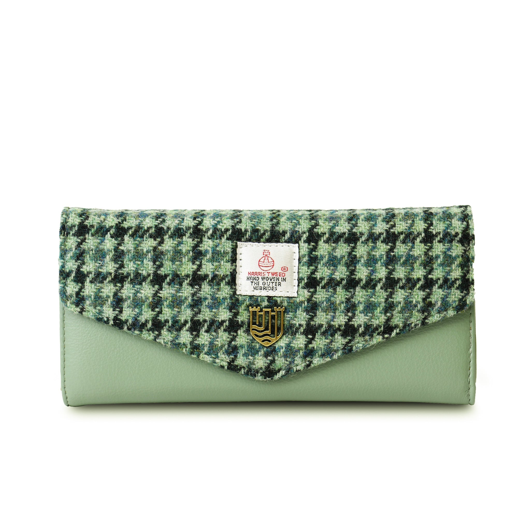 Harris Tweed green dogtooth clasp purse front view on white background