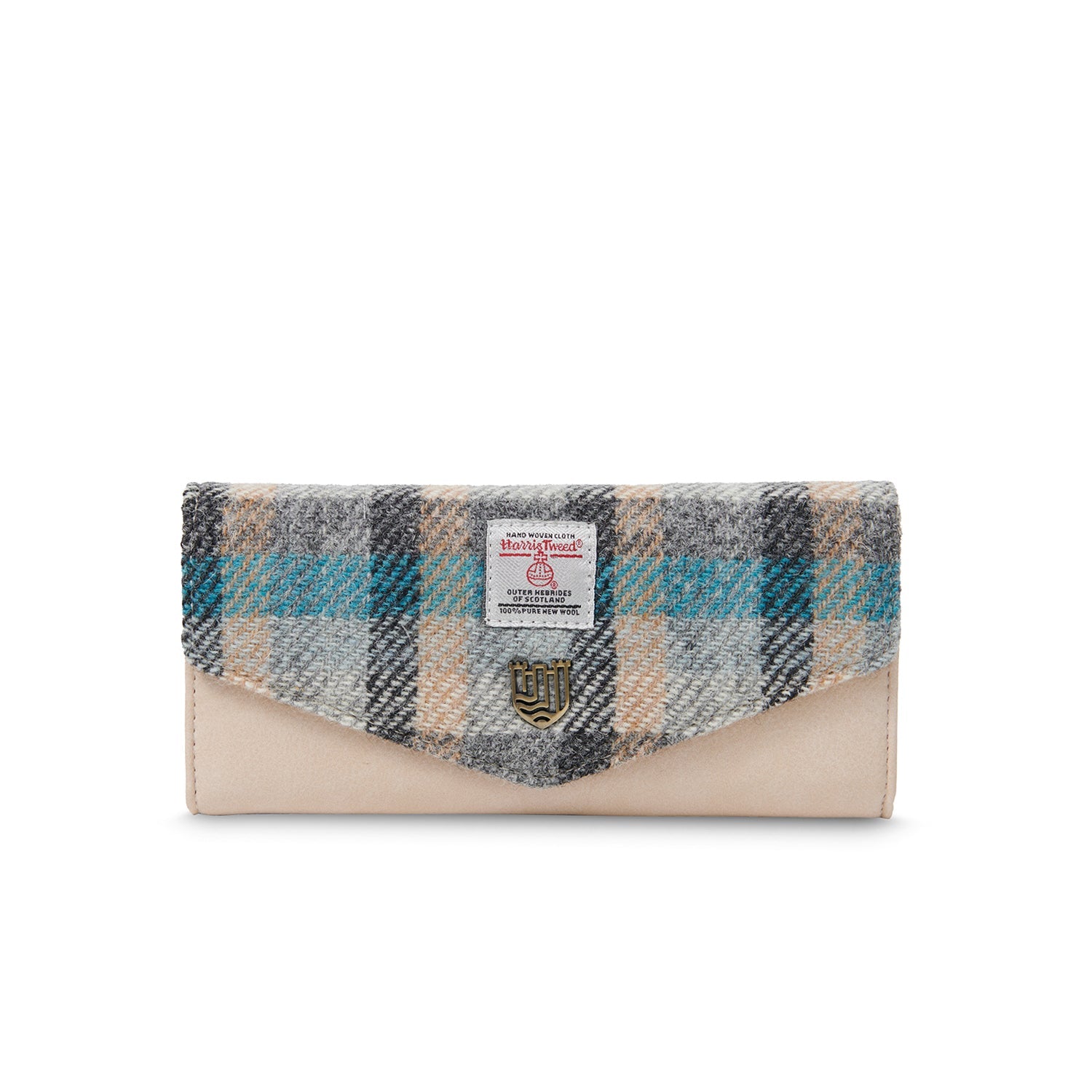 Harris Tweed clasp purse in Islander tartan front view on white background