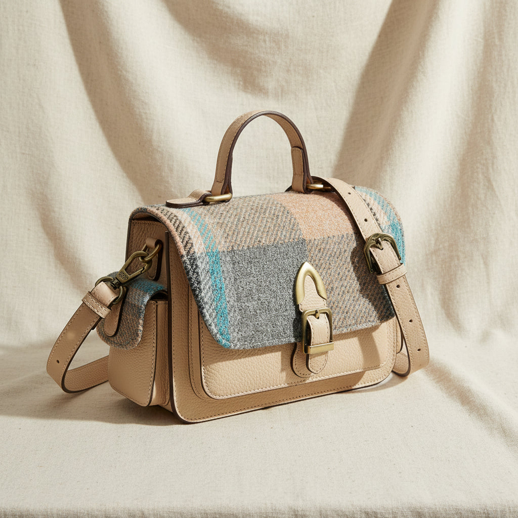 Melrose crossbody in check Harris Tweed on cream linen backdrop