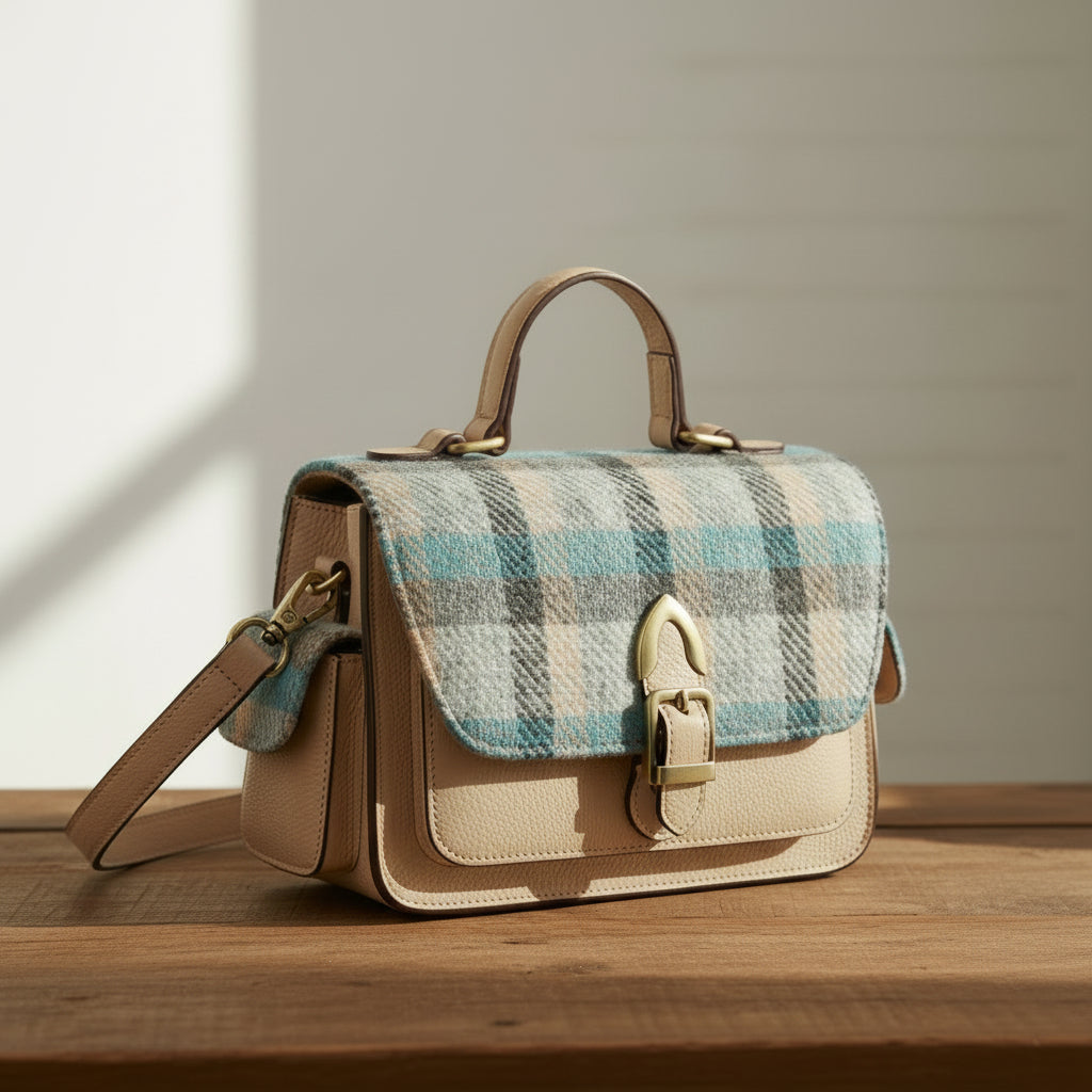 Melrose crossbody bag in tartan Harris Tweed on wooden surface