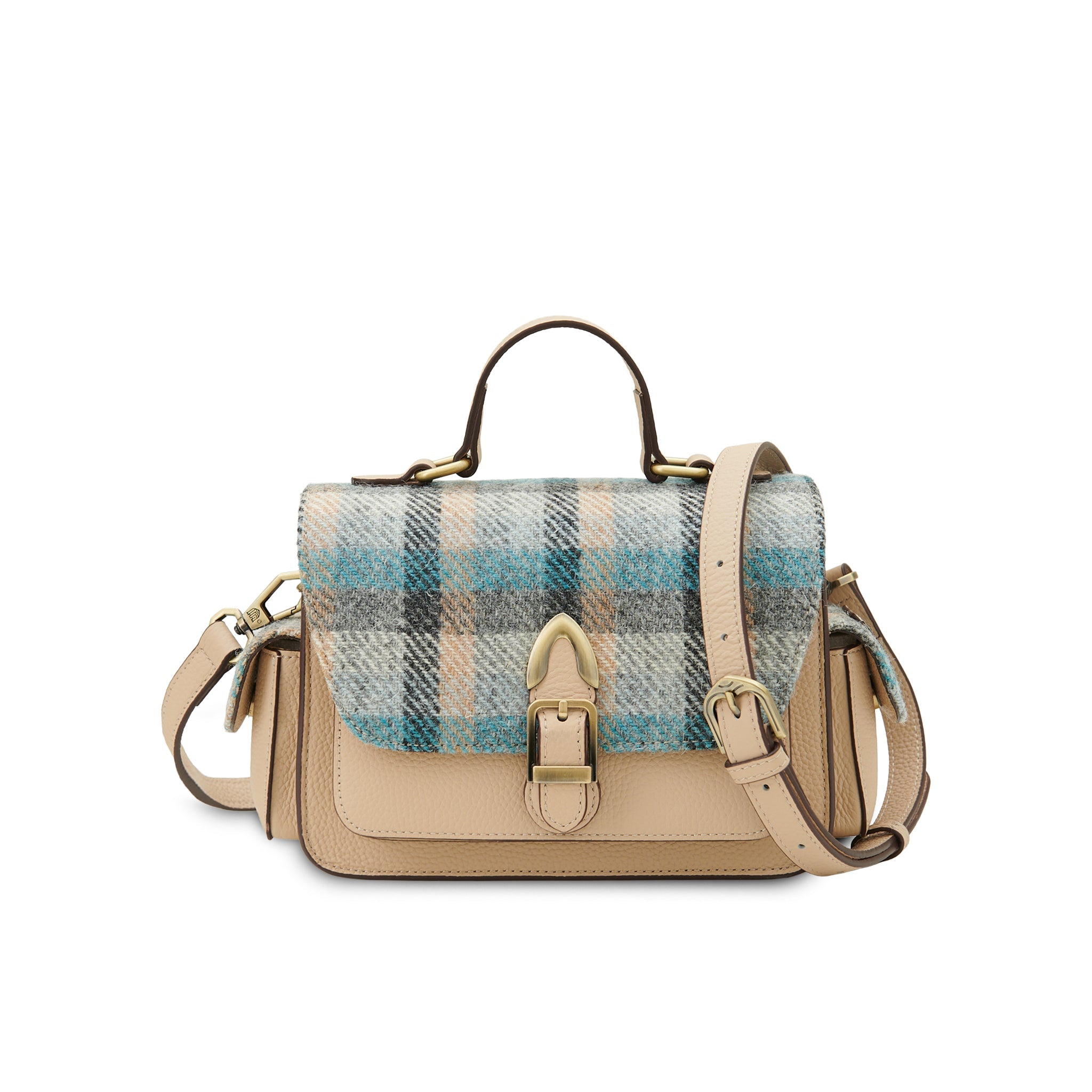 Harris Tweed tartan crossbody bag front view on white background