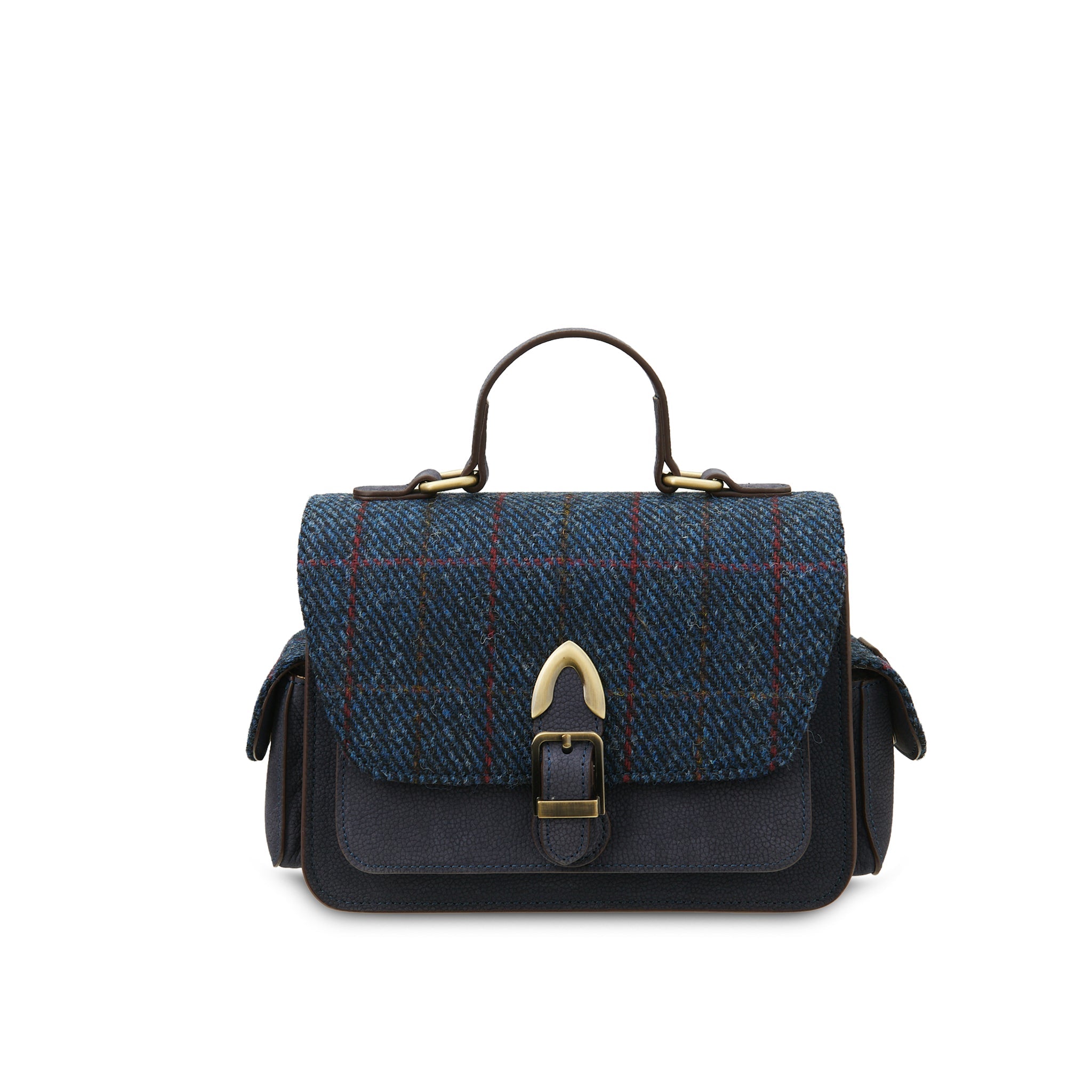 Navy over-check Harris Tweed crossbody bag front view on white background