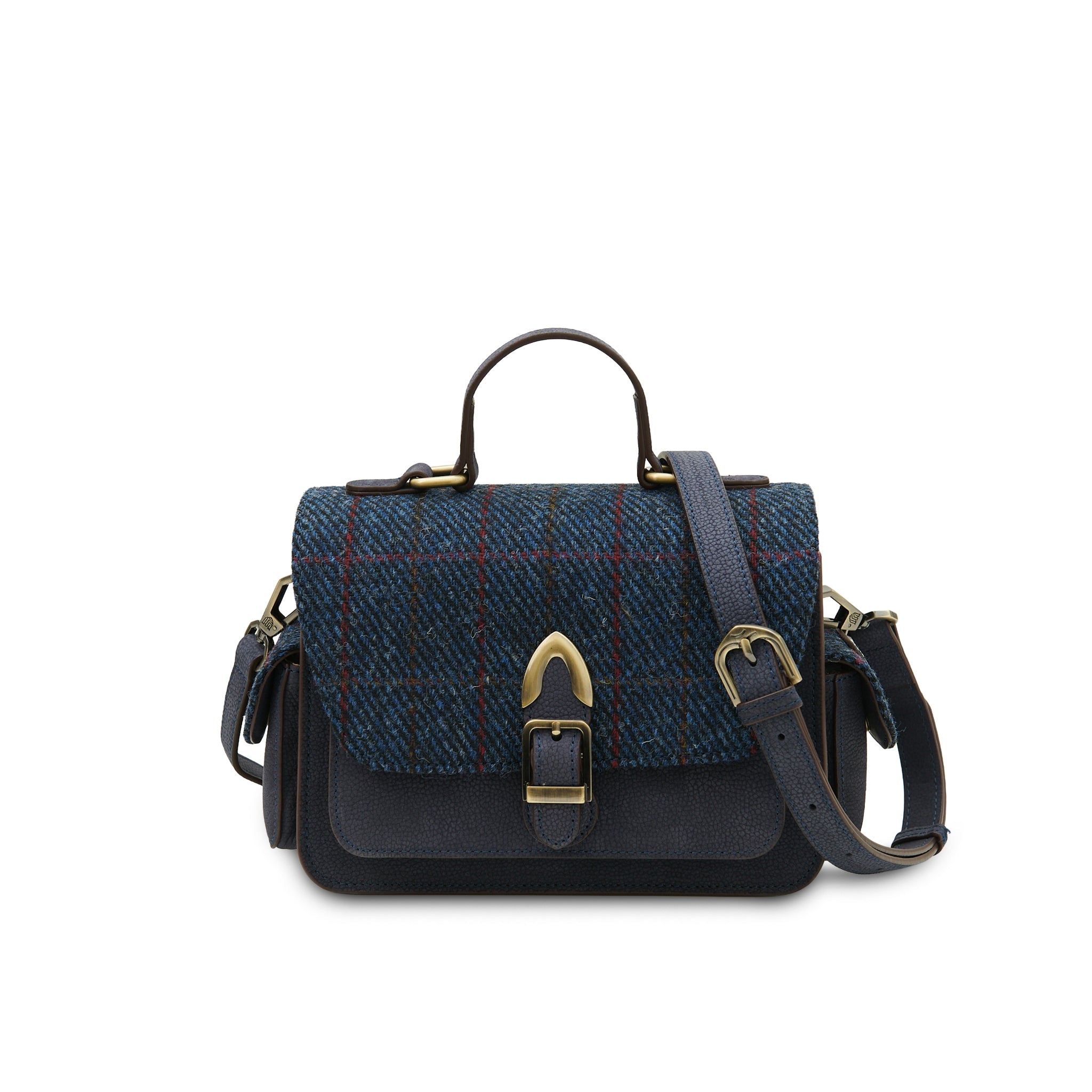 Navy Harris Tweed Melrose crossbody with strap on white background