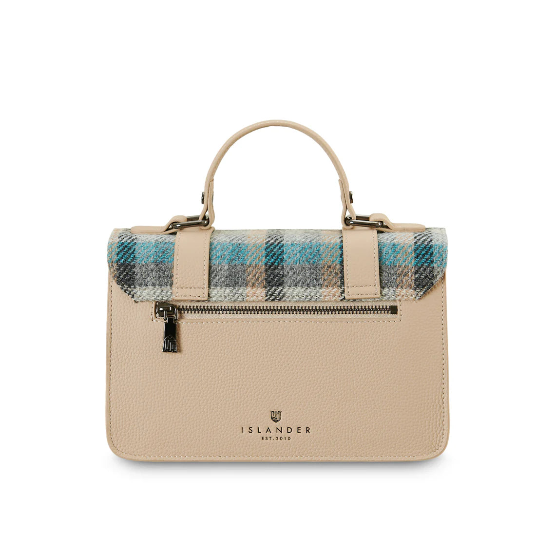 Back view of Islander tartan Harris Tweed medium leather satchel with zip pocket.