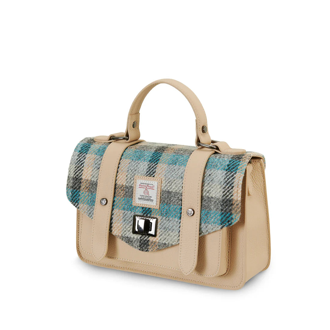 Angled view of Islander tartan Harris Tweed medium leather satchel.